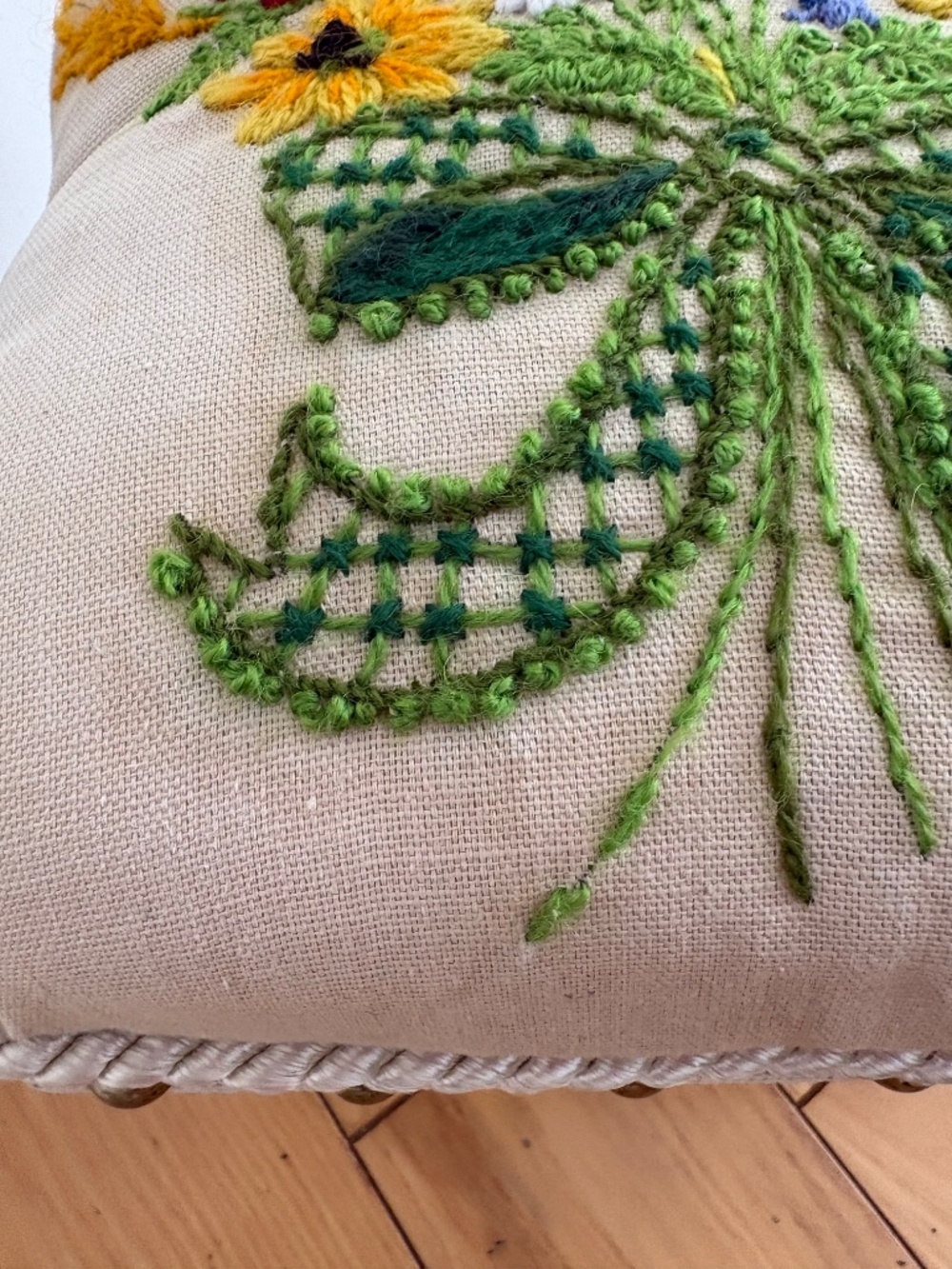 Vintage Hand Embroidered Footstool Cottagecore Needlepoint Wooden Cricket Stool - Picture 5 of 14